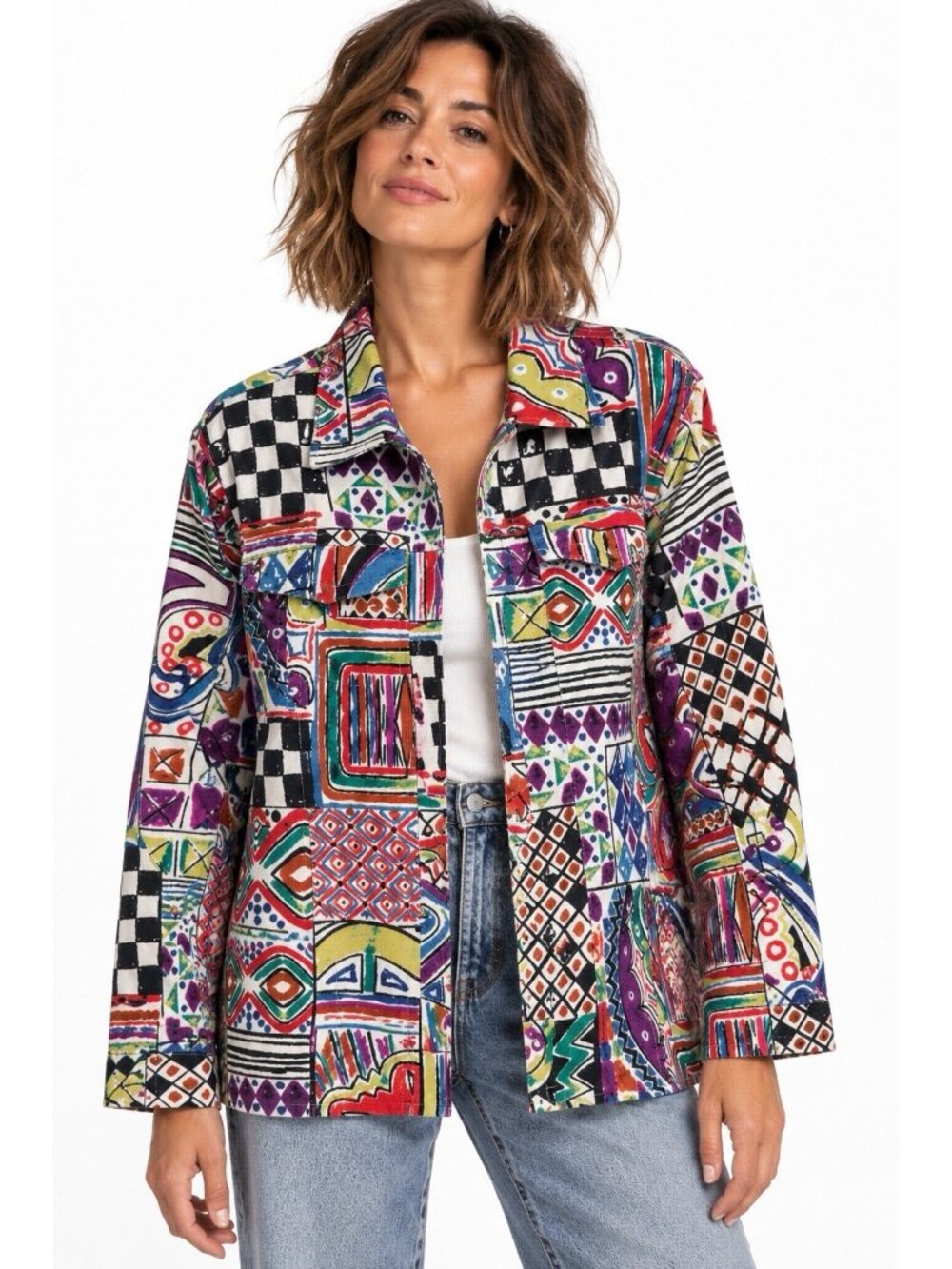 vintage 90s CHICOS jean jacket denim colorful SMALL 0 mixed print art to wear
